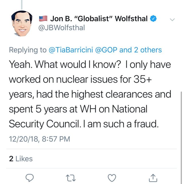Wolfsthal Tweet of his Credentials Desember 20 2018